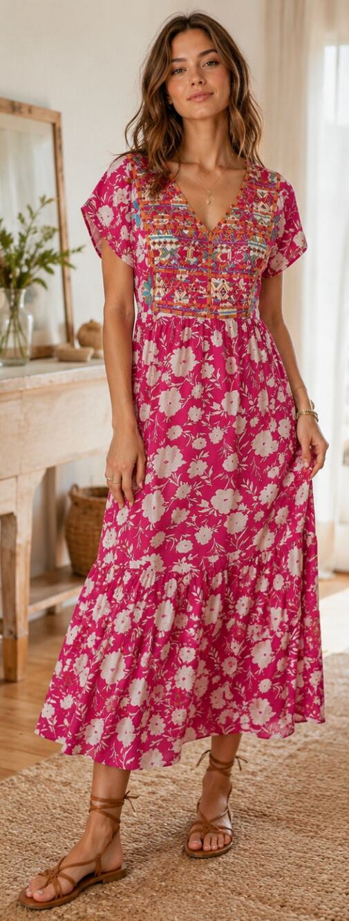 Savanna Jane Embroidered Floral Midi Dress Pink Boho Peasant Sundress Size Small